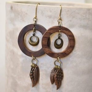 Wood Open Circle and Metal Charm Dangle Earrings NWOT